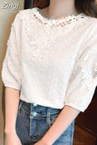 Embroidered Cotton Women's Blouse O Neck Short Sleeve Loose White Tops Summer Flowers Chiffon Shirts Fashion Blusas