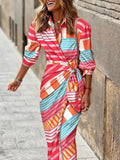 Summer Fashion Print Dress Blouse Neck Tie Mid Length Striped Skirt Casual Comfortable Street Women's Wear Dresses