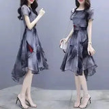 waist slimming retro bohemian dress summer plus size fashion printing ink style mid-length short-sleeved A-line