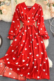 Women Red/Yellow/Green Printed Midi Dress Vintage V-Neck Flare Long Sleeve High Waist A-Line Vacation Bandage Vestido