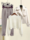 Winter Warm Clothes Three Piece Set Women Outfits Office Ladies Elegant Woolen Coats+knitted Sweater+wool Harem Pants