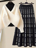 Warm Knitwears 3 Pieces Set For Womens Outfit Korean High Quality Pullover Knitted Sweater+print Pleated Skirts Sets