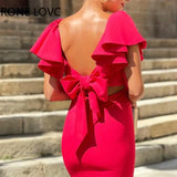 Women Elegant Bowknot Backless Ruffle Sleeves Midi Hollow out Bodycon Red
