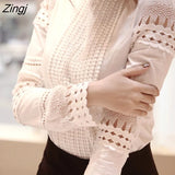Women Blouses Slim Bottoming Long-sleeved White Shirt Lace Hook Flower Hollow clothes