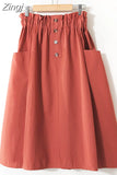 Women Summer Skirt Spring Korean Style Casual Solid High Waist A-Line Midi Skirts With Pocket Girls Elegant