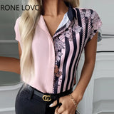Women Striped Print Colorblock Shirt Blouse Summer
