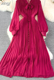 Vintage Women Long Dress Elegant Bow Collar Lantern Sleeve Single Breasted Pleated Maxi Vestidos Female Red/Purple