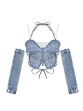 Women Sexy Crop Top Off Shoulder Removable Sleeves Y2k Tank Top 90s Vintage Streetwear Fashion Bandage Butterfly Tube Top