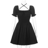 SUCHCUTE Gothic Women Mini Dress Ruffles Summer 2022 Vintage Dark Dress Party Dresses 90s Aesthetics Slim Elastic Waist