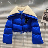 2022 Winter Long Sleeve Lambswool Sailor Collar Short Cotton Coat Women Drawstring F Letter Jacket