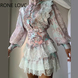 Women Chic Lantern Sleeve button Lace Hem All Over Print Mini Sweat Skirt