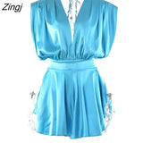 Deep V Neck Satin Dresses Women 2022 Spring Sexy Sleeveless Elegant Blue Robe Solid Backless Bodycon Mini Dress
