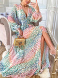Leopard Dress Plus Size 2022 Spring/Autumn Women Long Lantern Sleeve Club Party Evening Dress Maxi Dresses Vestidos