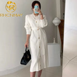 Elegant O-neck Single-breasted Women Solid Sweater Dress OL Style Long Sleeve Belted Knitted Mid-length Dress