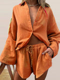 Long Sleeve Lapel Single Breasted Cardigan Shirt + Elastic Waist Shorts 2 Piece Set Women Casual Loose Solid Pocket