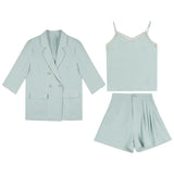 Elegant 3 Pieces Blazer Set Women Buttons Jacket & Sleeveless Camisole & A-line Shorts 2021 Summer Short Suits