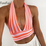 Deep V Neck Knit Crop Top Y2k Women Blue Backless Off Shoulder Summer Beach Halter Neck Bandage Sexy Top
