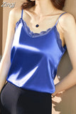 Silk Women Blouses Tops Woman Satin Lace Blouse Shirts Women Sleeveless V-neck Shirt Top 2023 Woman White Top