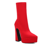 Fashion Women Ankle Boots Stretch Fabric Platform Square High Heel Punk Boots Pointed Toe Autumn Winter Ladies