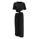 Summer Fashion Women Round Neck Hollow Out Kintted Short Sleeve Green Mid-calf Slim Dress Female Fake Two Piece