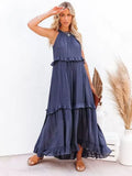 Sexy Blue Ruffled Halter Neck Sleeveless Maxi Dress Casual Women Summer Clothes Streetwear Sundress vestido de mujer