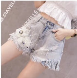 Styles Embroidery Ripped Denim Shorts 3D Floral High Waist Jeans Short Femme 2023 New Frayed Hole Shorts Women Summer
