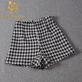 2021 Winter Autumn Houndstooth Woolen Plaid Shorts For Women High Waist Casual Grid Wide Leg Short Pants Ladies