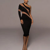 Winter Diagonal Collar Sexy Personality Mesh Patchwork Perspective Dress Women Y2K Slim Fashion Vestido Midi Robe