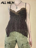 Fairy Grunge Aesthetics Heart Print Brown Cami Tops Y2K Goblincore Lace Trim Patchwork Irregular Hem Slip Top Retro