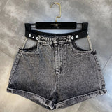 2022 Fashion Design Short Sleeve Stand Collar Crop Top Tshirt Denim Shorts Hollow Out Waist Two Piece Set Outfits