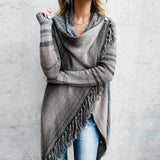Queens Women Color Matching Long Sleeve Tassel Kniting Bohemian Maxi Sweater Pile Collar Boho