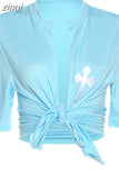 Letter Embroidery Sexy Y2K T-Shirts Womem Summer Short Sleeve O-Neck Cut Out Bandage Tops Female Cardigan