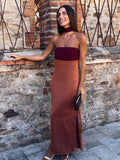 Zingj Patchwork Chest Wrapped Ribbon Long Dress Women Sexy Off Shoulder Side Split Bodycon Robe Summer New Lady Street Vestido 211-0-Outfit