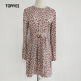 2021 Mini Dress Print O Neck Long Sleeve Belt Sweet Crushed Floral Dress Casual Women Colorful Holiday