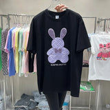 Pure Cotton Purple Crystal Diamonds Rabbit Embroidery Cute T Shirts Kawaii Women Girls Loose Casual Tops Korean