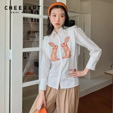 Vintage White Rabbit Button Up Shirt For Women Animal Print Long Sleeve Top Collared Shirt Kawaii Cute Blouse Fall