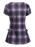 Plaid Sweetheart Tee Women T Shirt Cap Sleeve Tee Rivet Embellished Plaid Lace Up T Shirt For Student Summer Spring