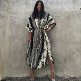 New Black Retro Snake Printed Self Belted Side Split Maxi Dress For Women Plus Size Beachwear Long Kaftan