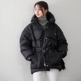 Black Women's Fashion Down Parka Winter Jacket Simple Cuff Design Windproof Warm Female High Quality Coats With Belt