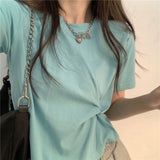 Women Summer Solid Pleated Design Tops O-neck Short Sleeve Loose All-match Korean Style Breathable Streetwear
