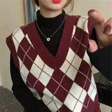 Y2K Knitted Vest Argyle Sweater Vest V Neck Sleeveless Jumper Preppy Style Plaid Knitted Pullover Autumn Winter
