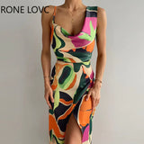 Women Sexy Wrap Swinging Neck Spaghetti Straps All Over Print High Silt Maxi Sexy Party