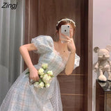 Puff Sleeve Midi Dress Women Square Collar Design Court Vintage Dress Femme Casual Korea Slim Chiffon Summer Dresses