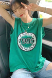 Women Tops Tshirts Sleeveless Summer American Vest Vintage Tees Loose Mid Length Letter O Neck Camisetas Ins High Street Hip