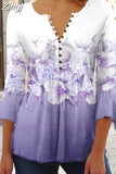 Floral Print Summer Blouse Women Elegant Simple Shirt V Neck Button 3/4 Length Sleeve Casual Holiday Basic Tops