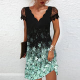 Sexy Elegant Fashion Party Dresses Women V-neck Floral Print Short Sleeve Lace Mini Dress Oversized Vestido Feminino