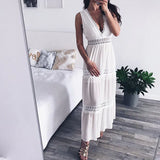 Queens Vintage Women Solid V-neck Sleeveless Hollow Out Beach Maxi Dress Ladies Chiffon Lace Patchwork Boho Sundress