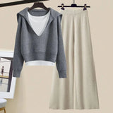 Winter Women Clothing Korean Casual Vest+knitted Sweaters+wide Leg Knitting Wide Leg Pants Sets Ladies Warm Knitwears