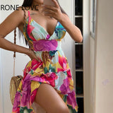 Women Chic Deep V Neck Sleeveless Floral print Edible Tree Fungus Chiffon Mini Sexy