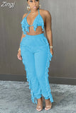 Y2K Tassel Women's Two Piece Sets Summer Halter Backless Crop Top And Pants Matching Sets Solid Slim Casual